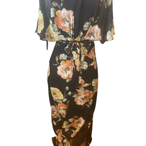 Luxology Black Floral Wrap Maxi Dress with Peach & Yellow Blooms - Picture 5 of 6